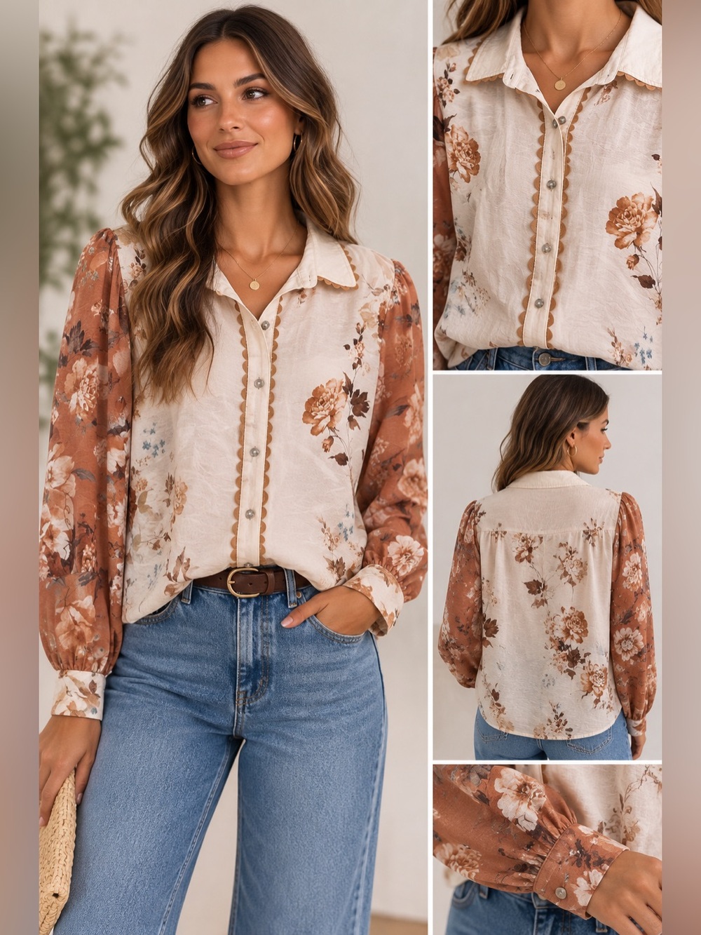 entro Cream and Brown Floral Button-Front Blouse